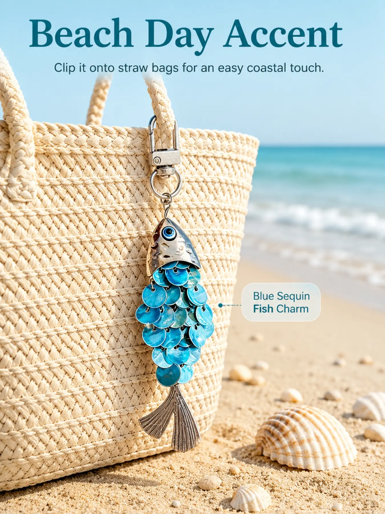 Sequin Fish Keychain Fish Shape Sequin Bag Charm Keyring Fish-Shaped Tassel Bag Charm, Bohemian Seaside/Ocean-Themed Animal Fish Pendant Purse Charms Accessory, Bag Accessories, Mermaid Scale Keychain for Woven Rattan/Straw Bags,Handbags,Wallets