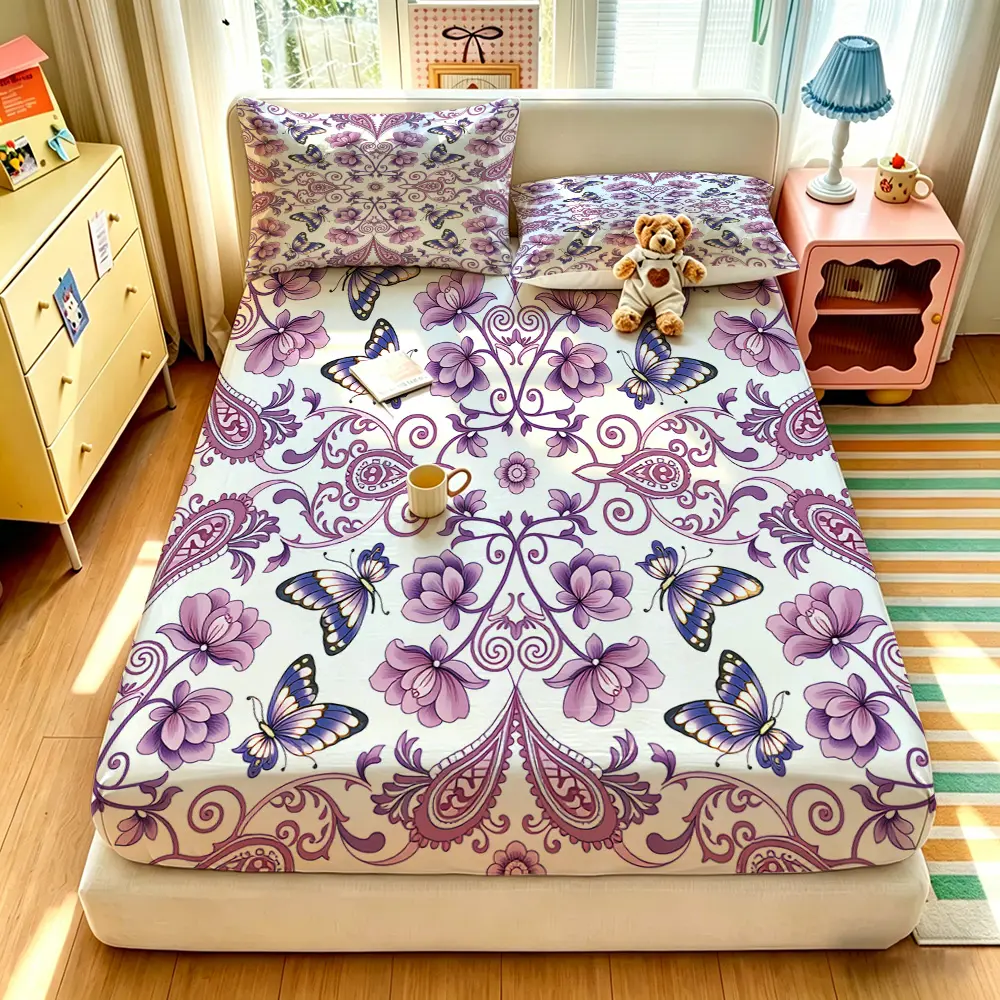 This 3-piece digitally printed fitted sheet set features purple floral and butterfly paisley patterns. It includes one fitted sheet and two pillowcases, is non-core, soft and comfortable, and has deep pockets. It makes a great gift.