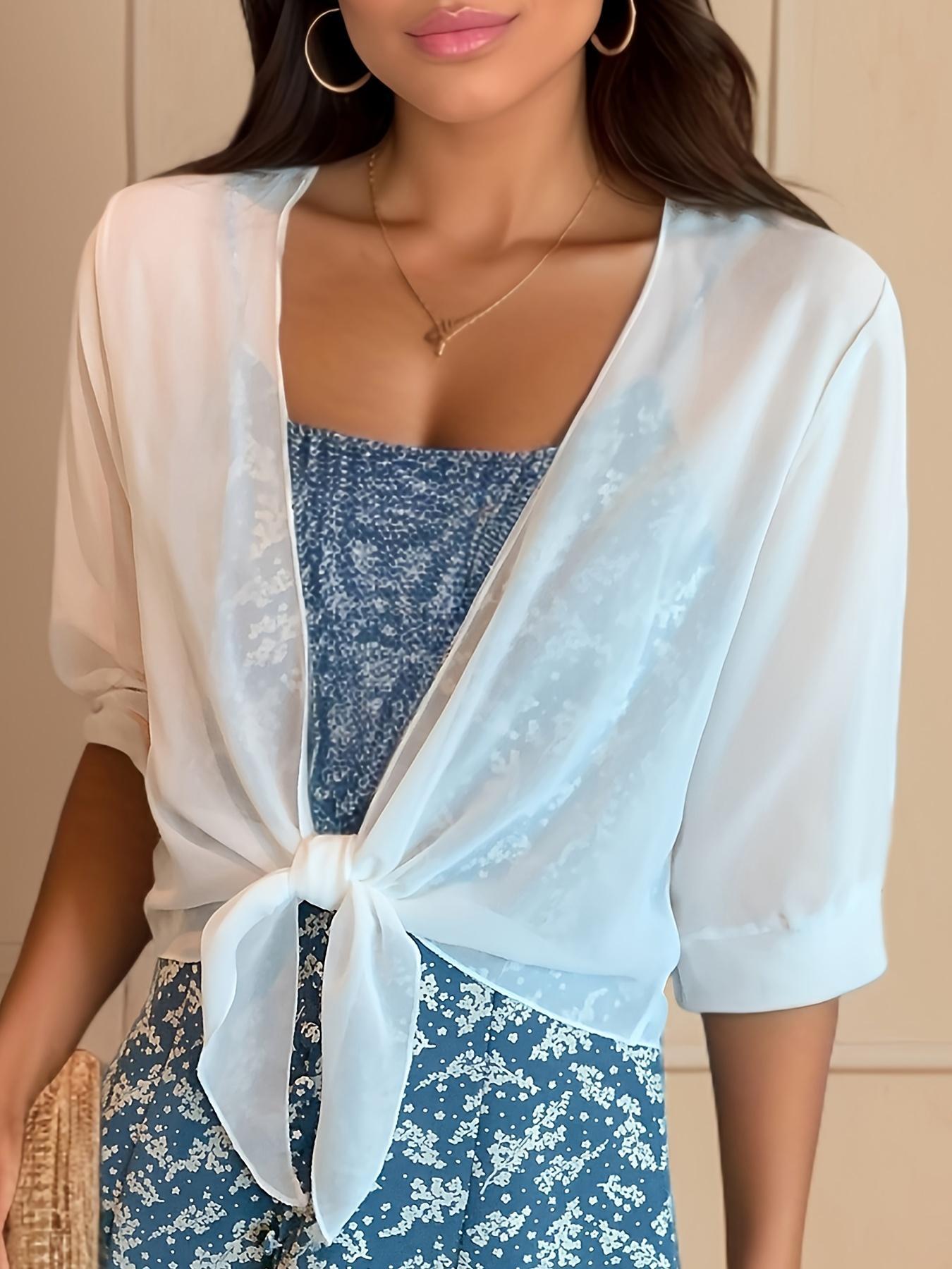 Women's Summer Solid Color Chiffon Cardigan, Half Sleeve Short Tie Knot Open Front Shrugs, Ultra Thin Lightweight Sheer Sunscreen Cover Ups for Dresses