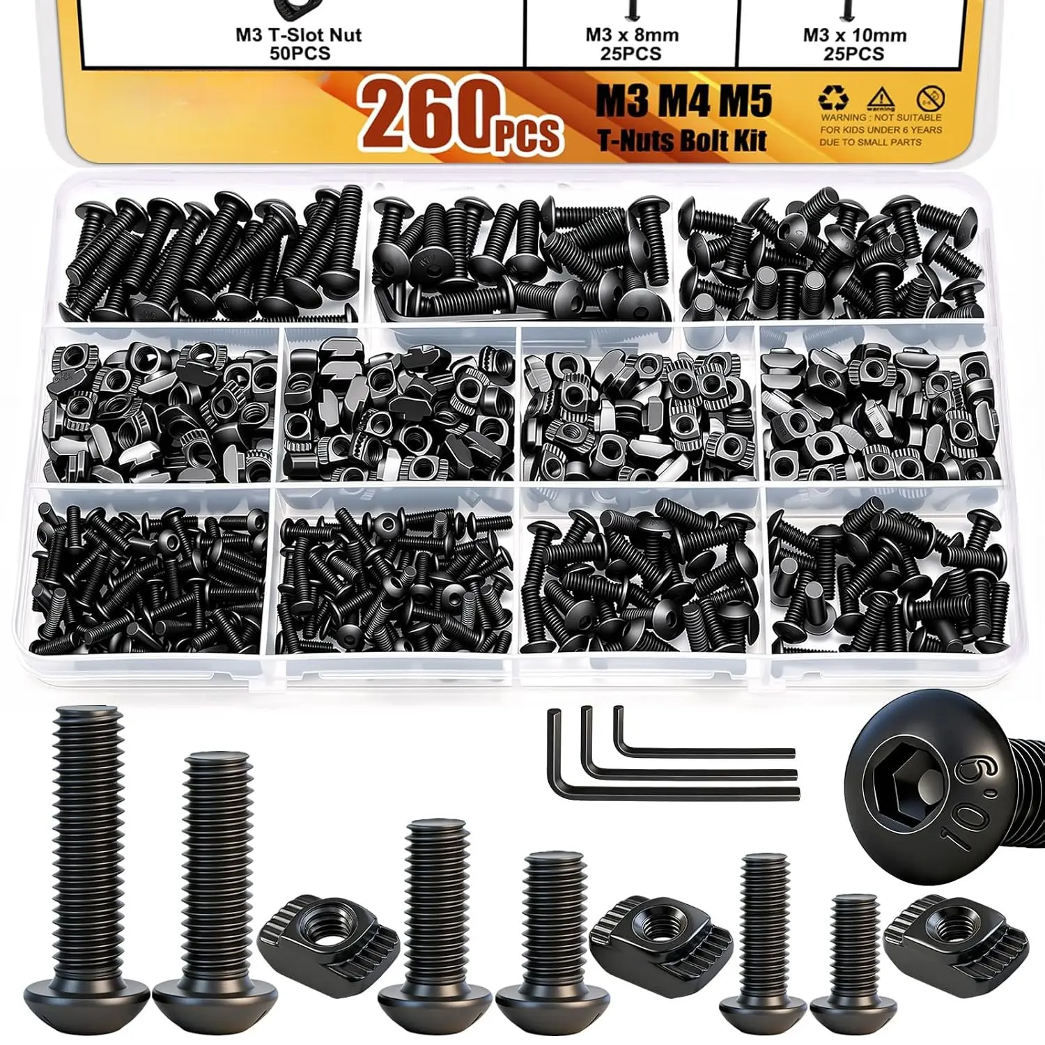 Zinc-Coated Rustproof Coating Nut & Bolt Sets, 260-Count M3-M4-M5 Rail Mounting Kit for 2020 Series Standard Rail Systems, M-LOK Fasteners with 20pcs M4x10mm Components, Hex Wrenches for Printers