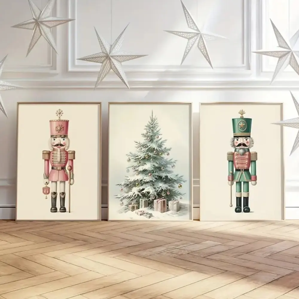 3pcs Wooden Frame Nutcracker Christmas Canvas Art, Soft Tone Wall Decor for Living Room Bedroom Kitchen Office, Cozy Winter Holiday Fantasy Style Wall Prints