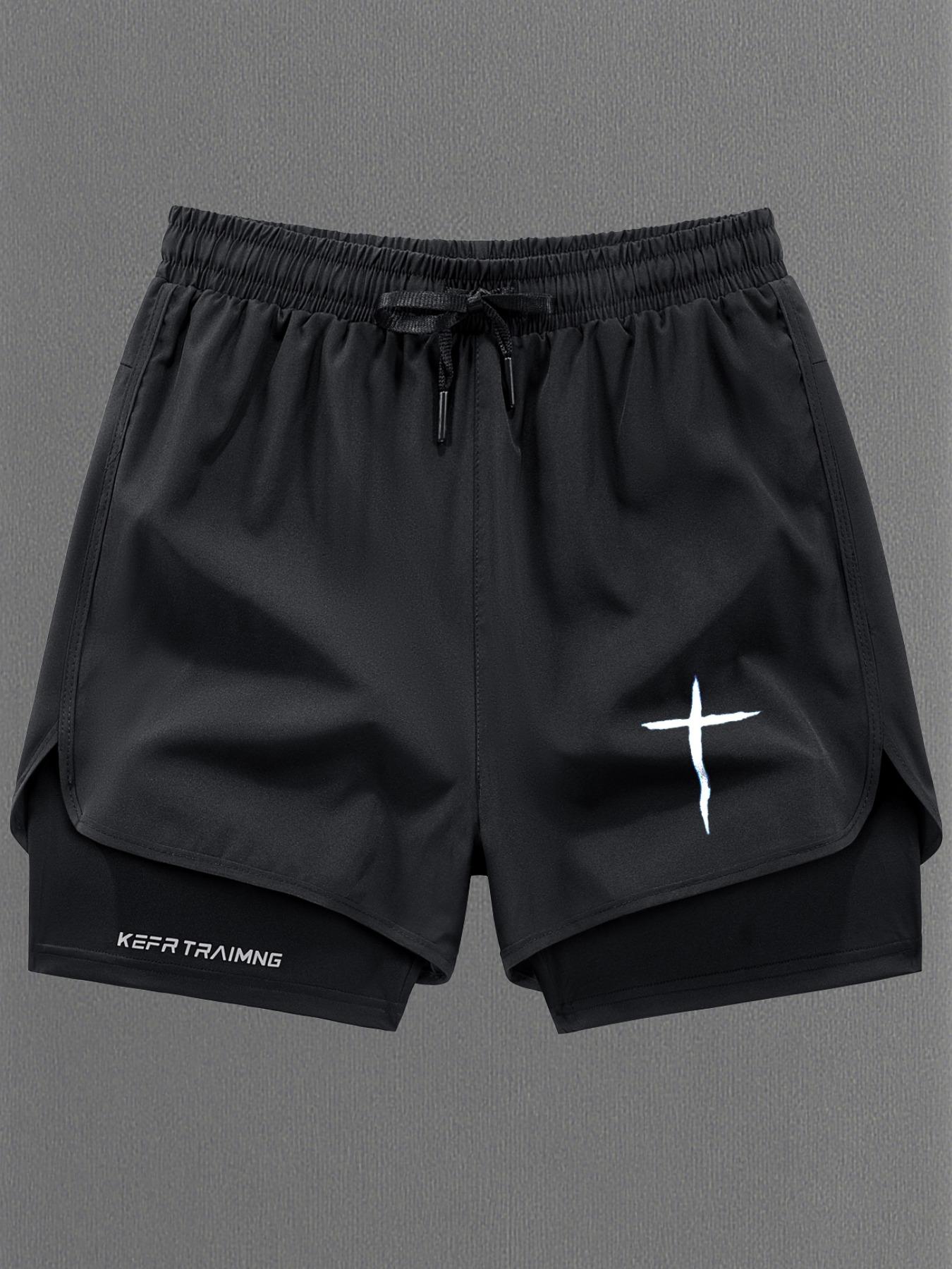 Men Women Regular Fit 2-In-1 Drawstring Waist Sport Shorts, Summer Pocket Print Casual Half Yoga Exercise Shorts, Fashionable Daily Wear