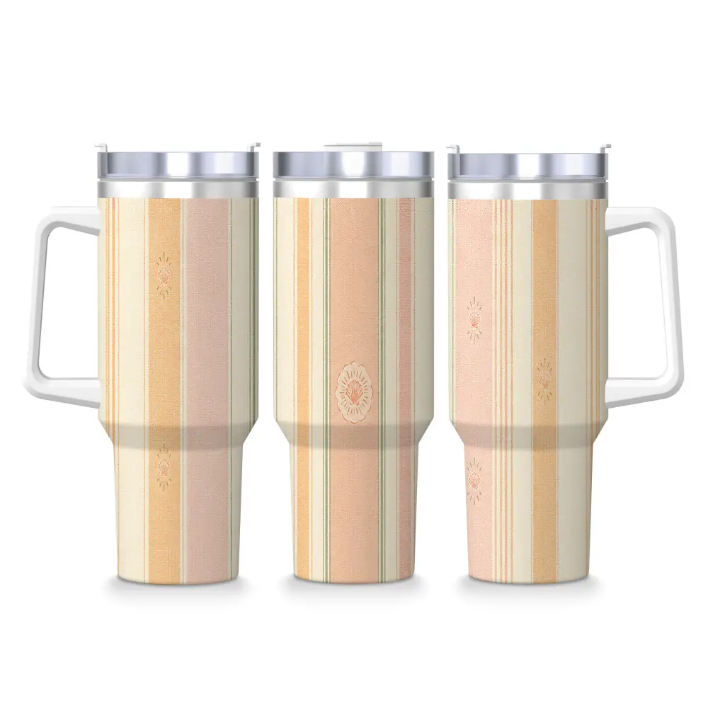 40oz Coastal Shell Linen Stripe Stainless Steel Tumbler - Portable Anti-Scald Water Bottle with Tumbler Shape, Handle, Vacuum Insulated, Leakproof Straw Lid for Beach Use