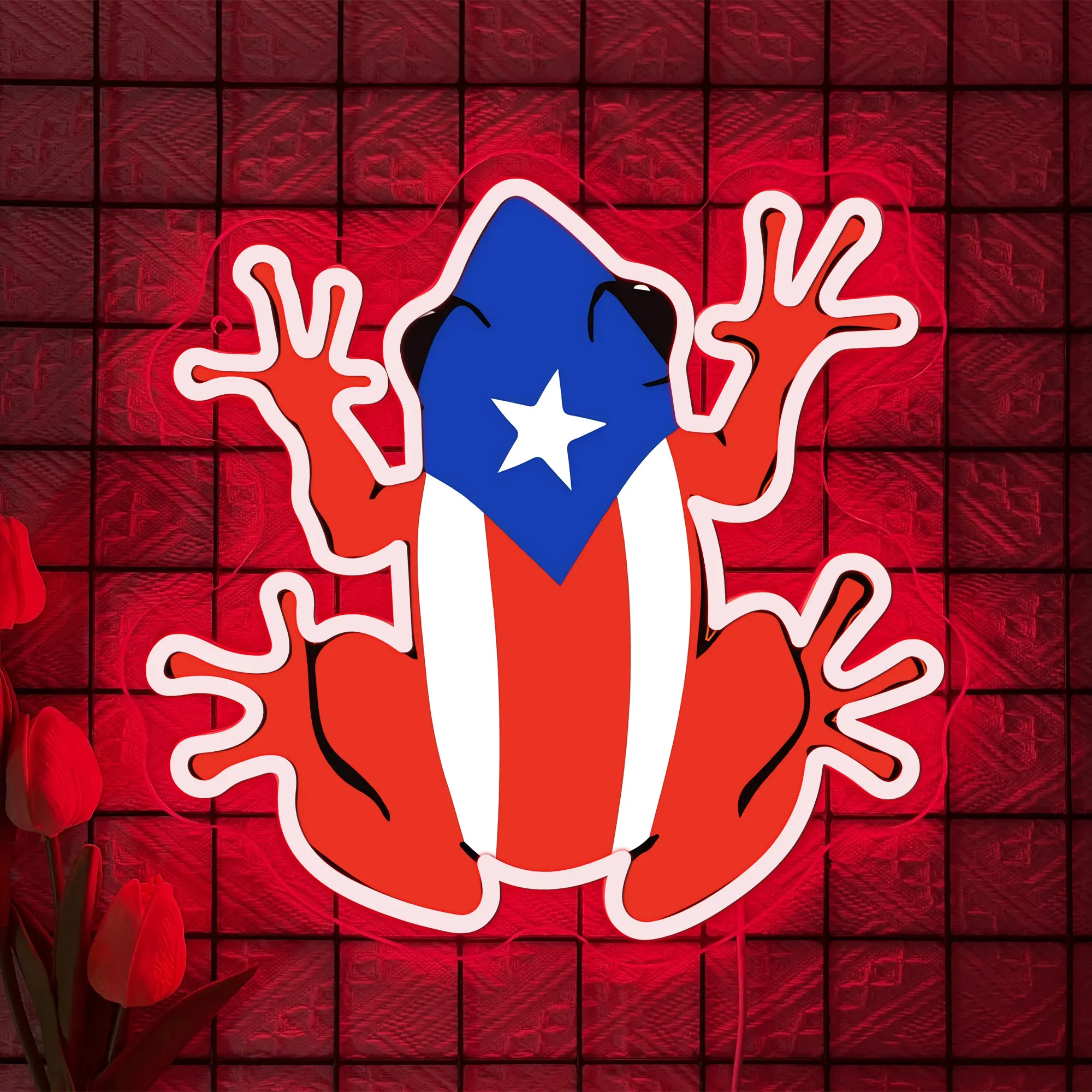 Puerto Rico Coqui Frog LED Neon Sign, USB Powered, Puerto Rican Flag Theme, Taíno Art Wall Decor, Adjustable, Cave Lighting for Men's Room & Bar