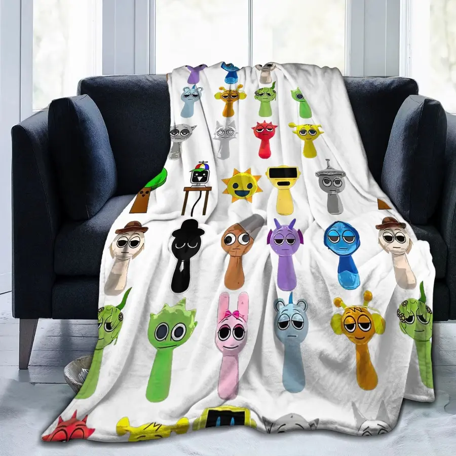 Sprunki Incredibox Digital Circus & Gaming Character Throw Blanket - Anti-Pilling, Fade-Resistant, Breathable Soft Flannel, Customized Designs, Spring-Autumn Thin Bedding for Chair, Couch, Game Fans' Gift