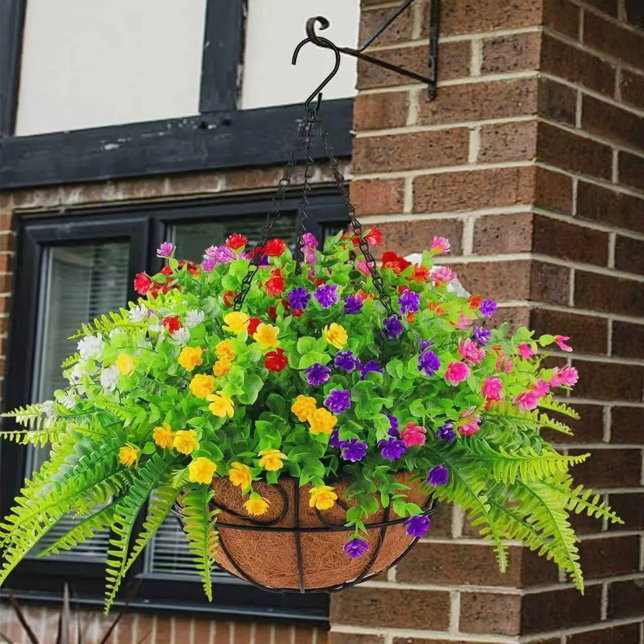 UV-Resistant Long-Lasting Non-Fading Artificial Hanging Flower Basket, Rose Eucalyptus Boston Fern Bouquet, Indoor Outdoor Garden Decor