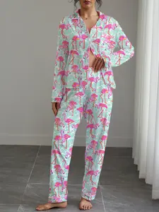 Women's Flamingo Print Pajama Set, Loungewear, Casual Fitted Long Sleeve Shirt & Elastic Pants, Soft Stretchy Fabric, Fall Winter Home Wear, Nightwear, Pjs, Home Sleepwear, Matching Pajamas