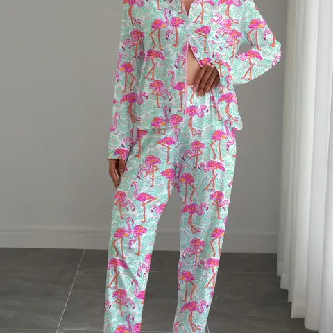 Women's Flamingo Print Pajama Set, Casual Fitted Long Sleeve Shirt & Elastic Pants, Soft Stretchy Fabric, Fall Winter Home Wear, Lounge Set, Loungewear, Nightwear, Pyjamas, Fitted Pajama Sets