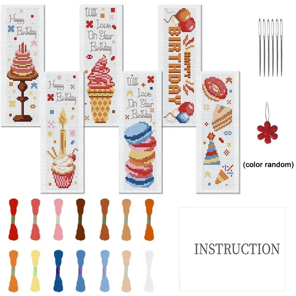 6-Piece Birthday Sweet Theme Cross Stitch Bookmark DIY Art Set, Beginner-Friendly Fabric Bookmarks, Unique Home Decor, Holiday Gift