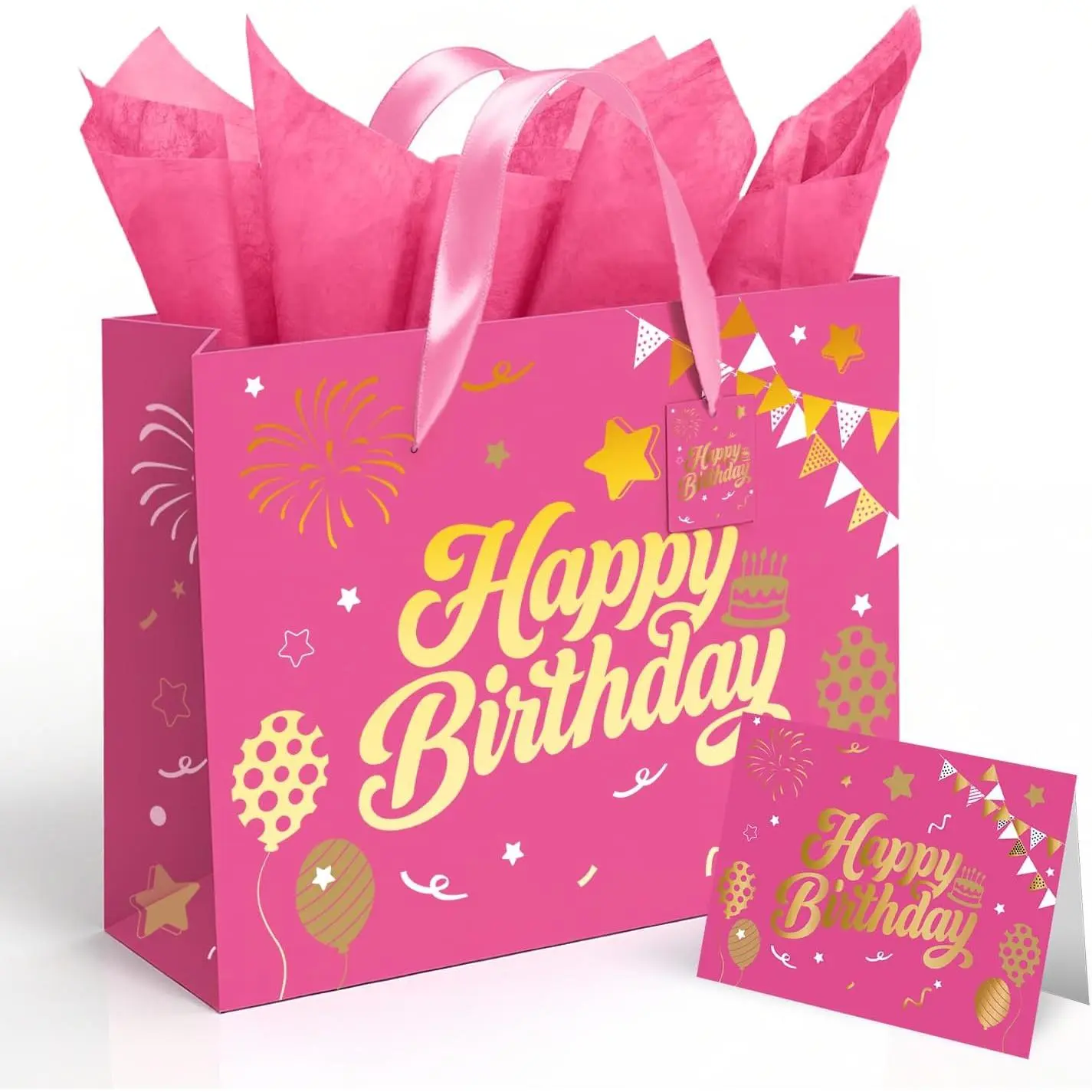 13”  Birthday  Bag with Tissue Paper and Greeting Card | Happy Birthday  Bags for Party, Hot Foil Stamping Design  Wrap Bags Decor for Women and , 1 count, Medium Size