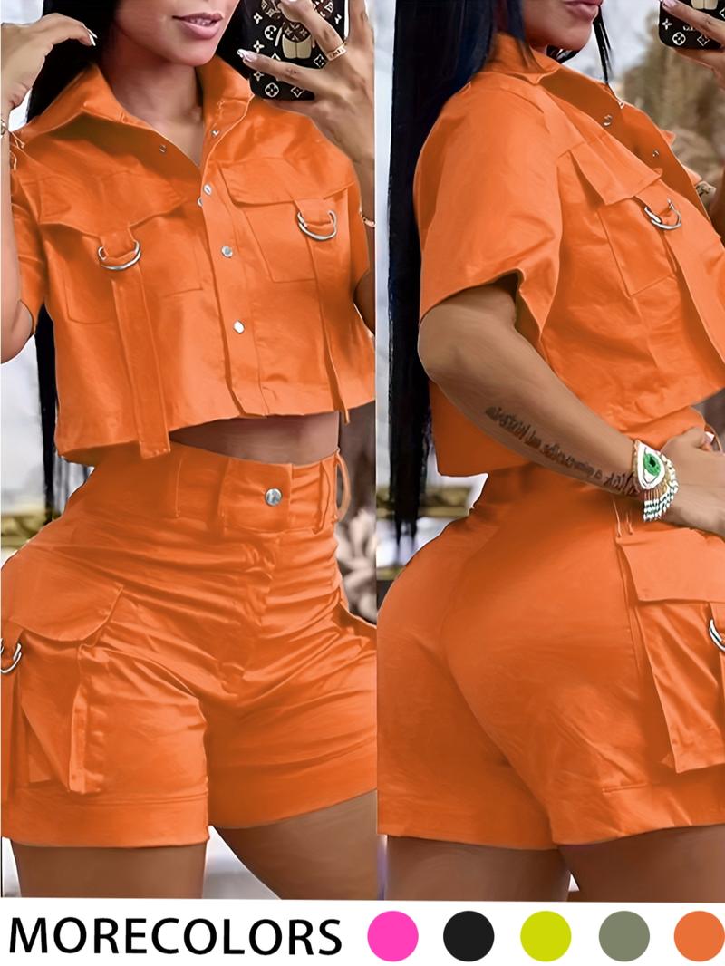 Two-piece Set Women's Solid Button Front Crop Top & Shorts Set, Casual Short Sleeve Collared Top & Shorts for Summer, Ladies Clothes for Daily Wear, Cute Summer Outfit