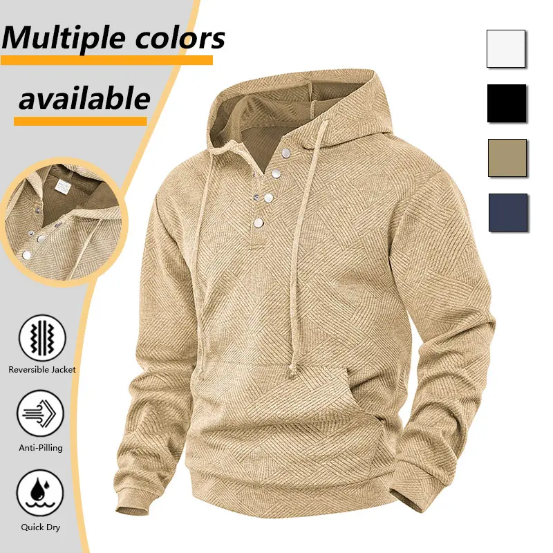 New Men Jacquard Textured Hooded Sweatshirt, Henley Snap Buttons Pullover Hoodie With Kangaroo Pocket, Anti‑Pilling Quick Dry Casual Long Sleeve Top For Fall Winter Daily Wear