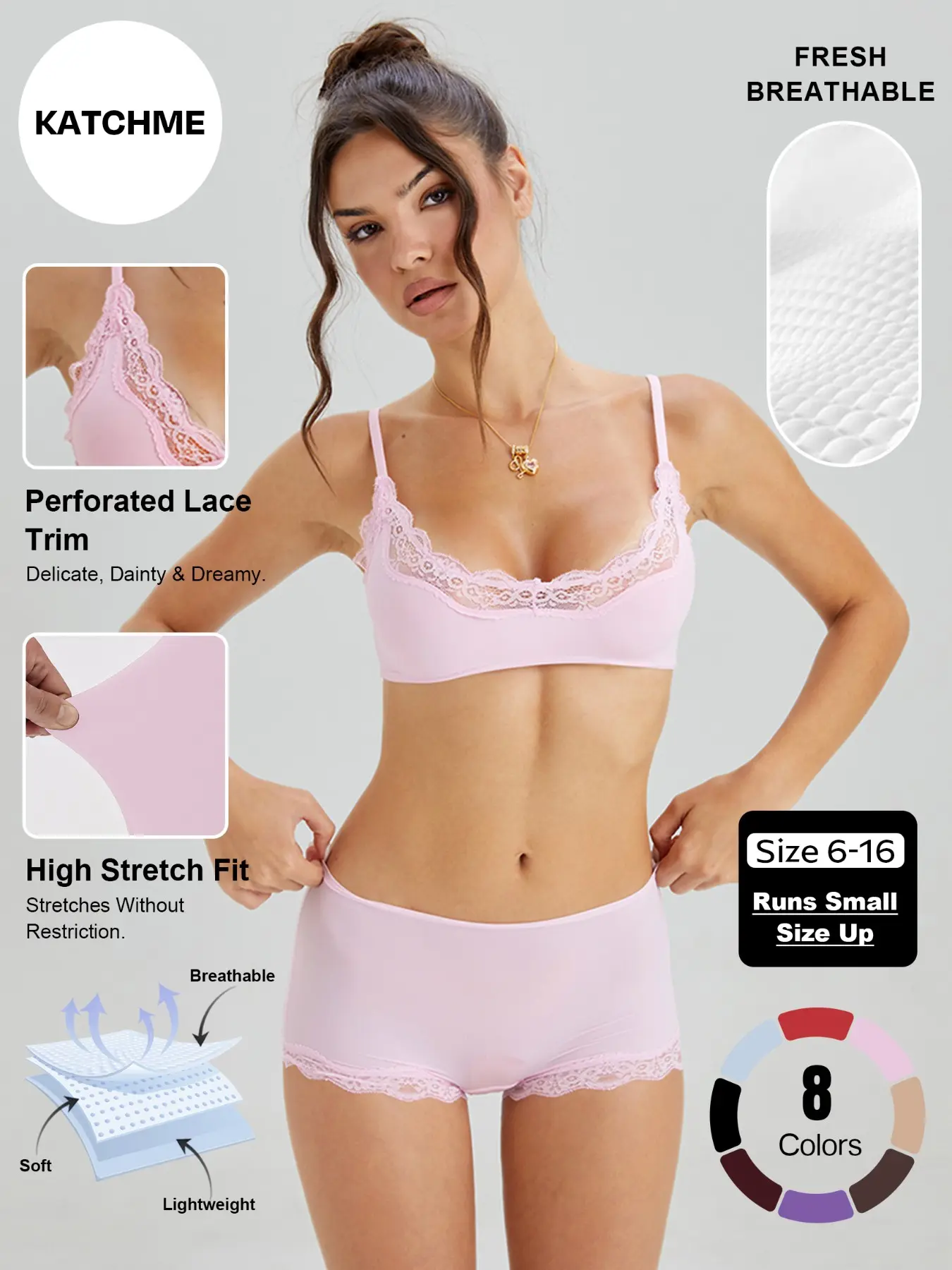 Women's Basic Lace Trim Bra & Low Rise Panties Co-ord, Solid Color Slightly Sheer Adjustable Spaghetti Strap Bralette & Knicker, Seamless Sweat-Wicking Stretch Daily Outfits Elegant #TikTokMadeMeBuyIt #MatchingSet #Bralette