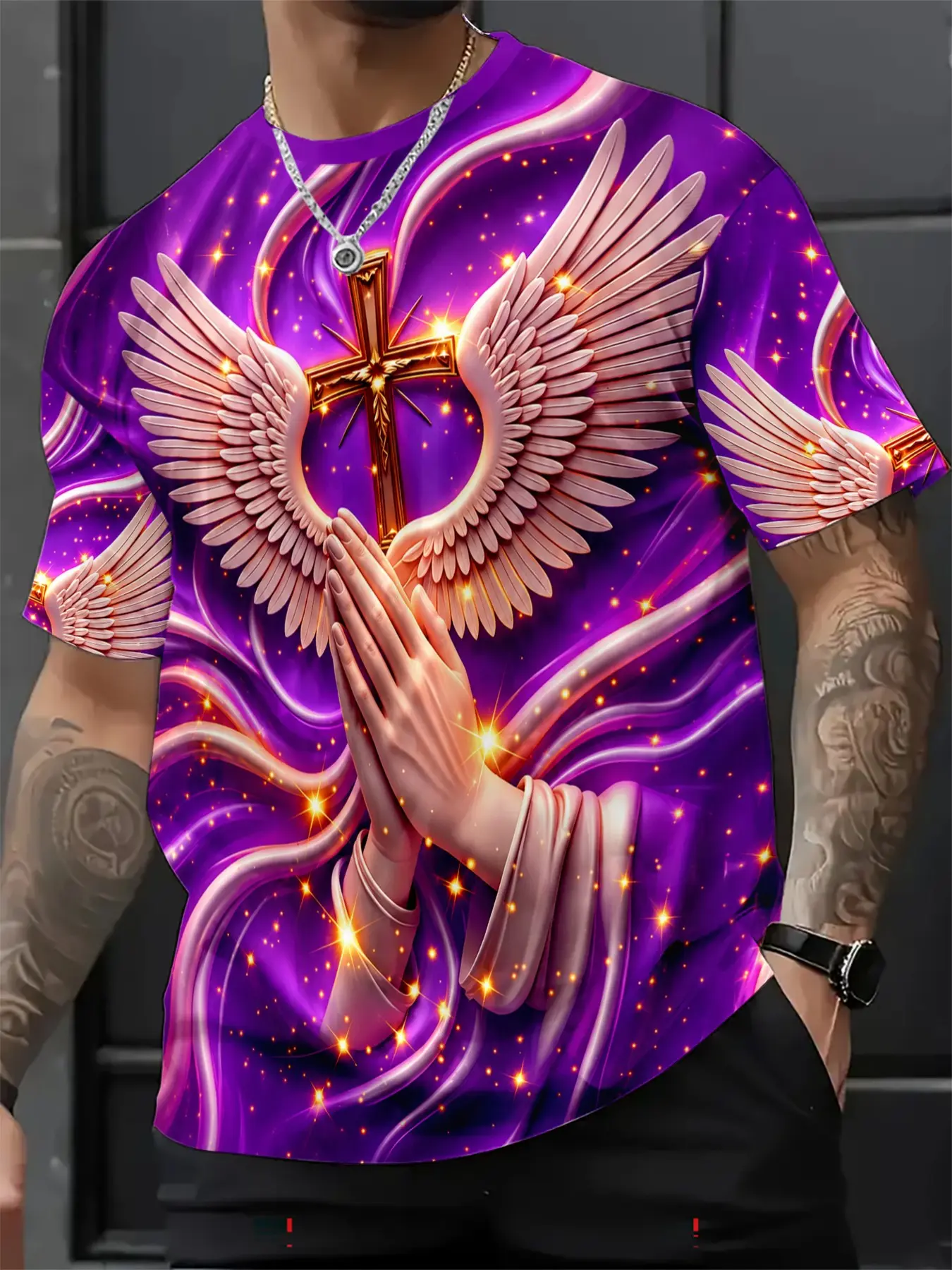 Retro 3D Angel Wings Cross Praying Hands Pattern T-shirt, Faith Street Style Summer Men's Crew Neck T-shirt