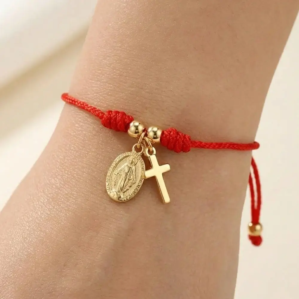 Men & Women Christian Cross Bracelet, Minimalist Jesus Cross Pendant Red Rope Beaded Bracelet, Adjustable Copper Bead Faith Religious Jewelry, Gift for Easter, Baptism, Birthday, Anniversary & Daily Wear