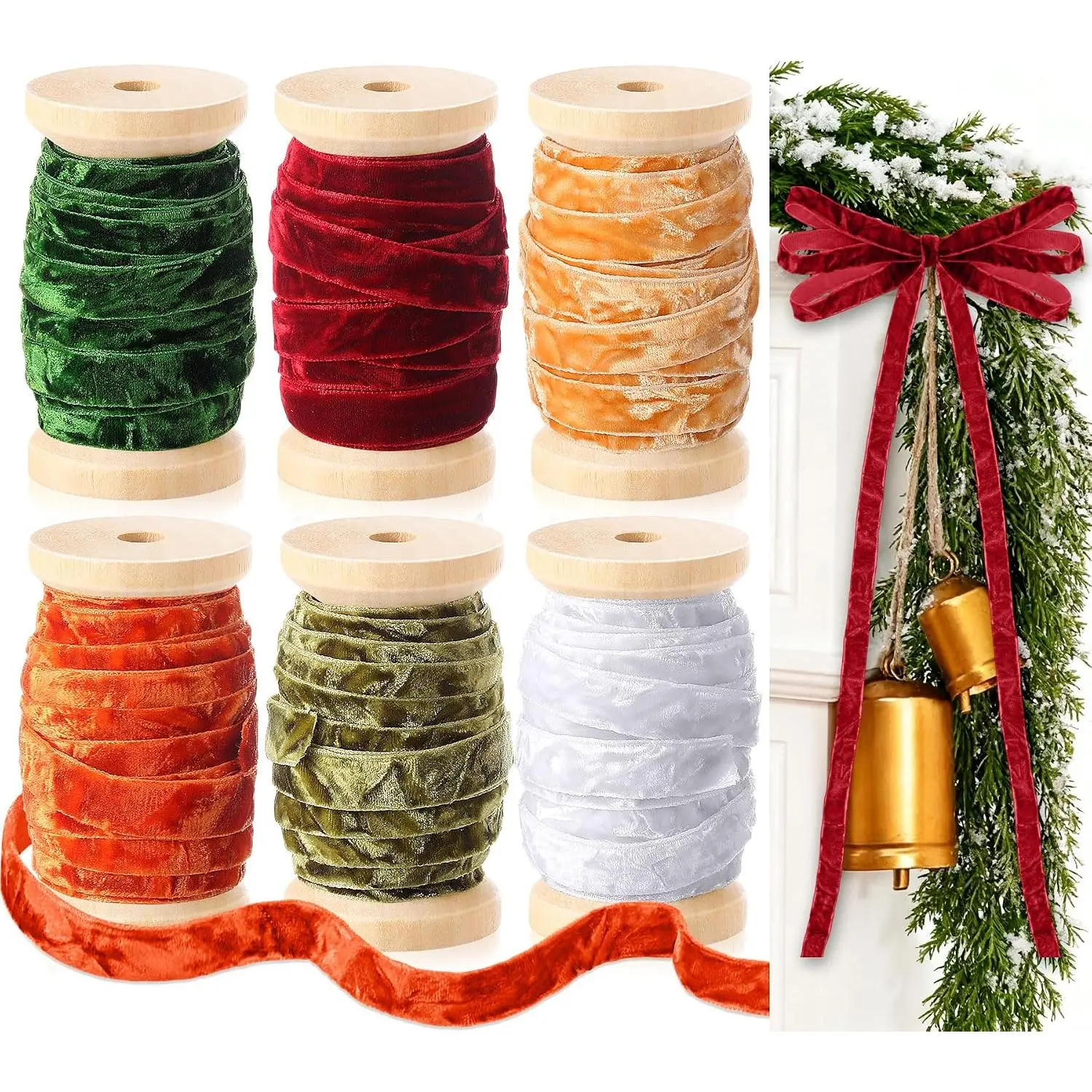 6 Rolls  Ribbon with Wooden Spool 3/8 x 30 Yards Crushed Luxury   Ribbon Decoration for DIY Christmas Tree Ornaments  Wrapping Bows Wreath Holiday Decor(Classic)
