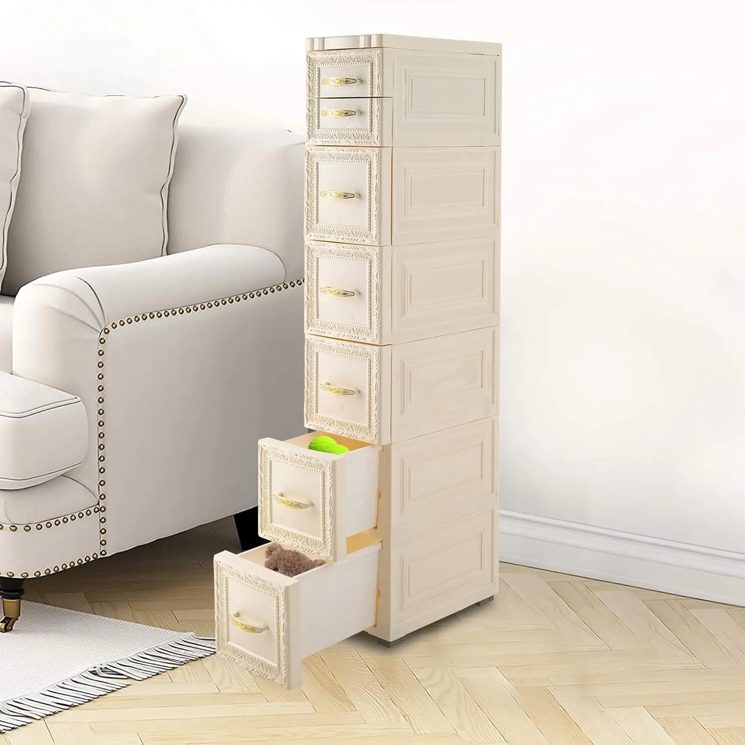 6 Tier Storage Cabinet with 7 Drawers Rolling Narrow Dresser Tower Stand Slim Plastic Storage Organizer Elegant Storage Chest for Bedroom Bathroom Entryway Dorm Small Spaces, Beige