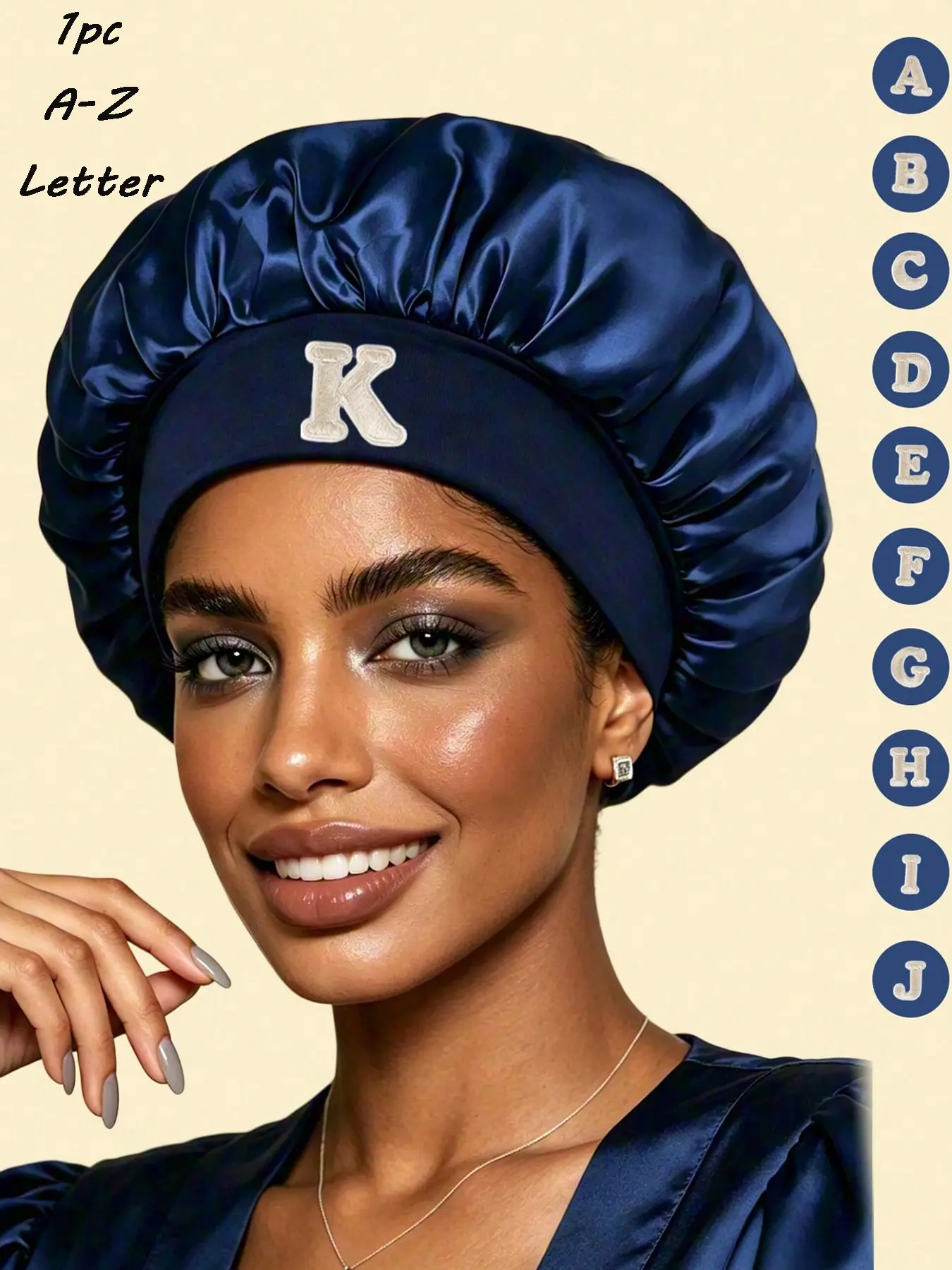 1PC Custom A-Z Letter Satin Hair Bonnet, Sleep Bonnets, Loose Elastic Hair Cap, Silky Anti-Frizz Sleep Hat, Adult Unisex, Bedroom Night Hair Care, Short Distance Travel, Personalized Keepsake Gift