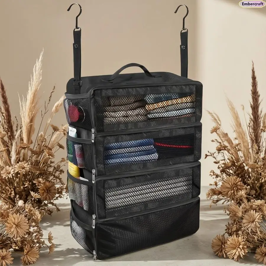 Compact Polyester Travel Bag Organizer, Foldable Hanging Packing Shelf - Multi-Pocket Space Saver for Suitcases and Carry-On Travel, Multi Pocket Organizer
