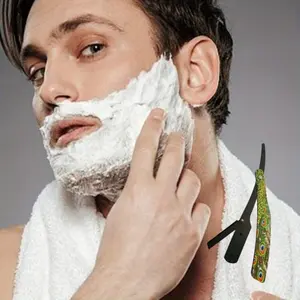 Comfort ergonomic peacock pattern manual shaving razor designed for men, premium stainless steel razor storage holder applicable to beard trimming and hair styling, multi-functional daily personal grooming tool
