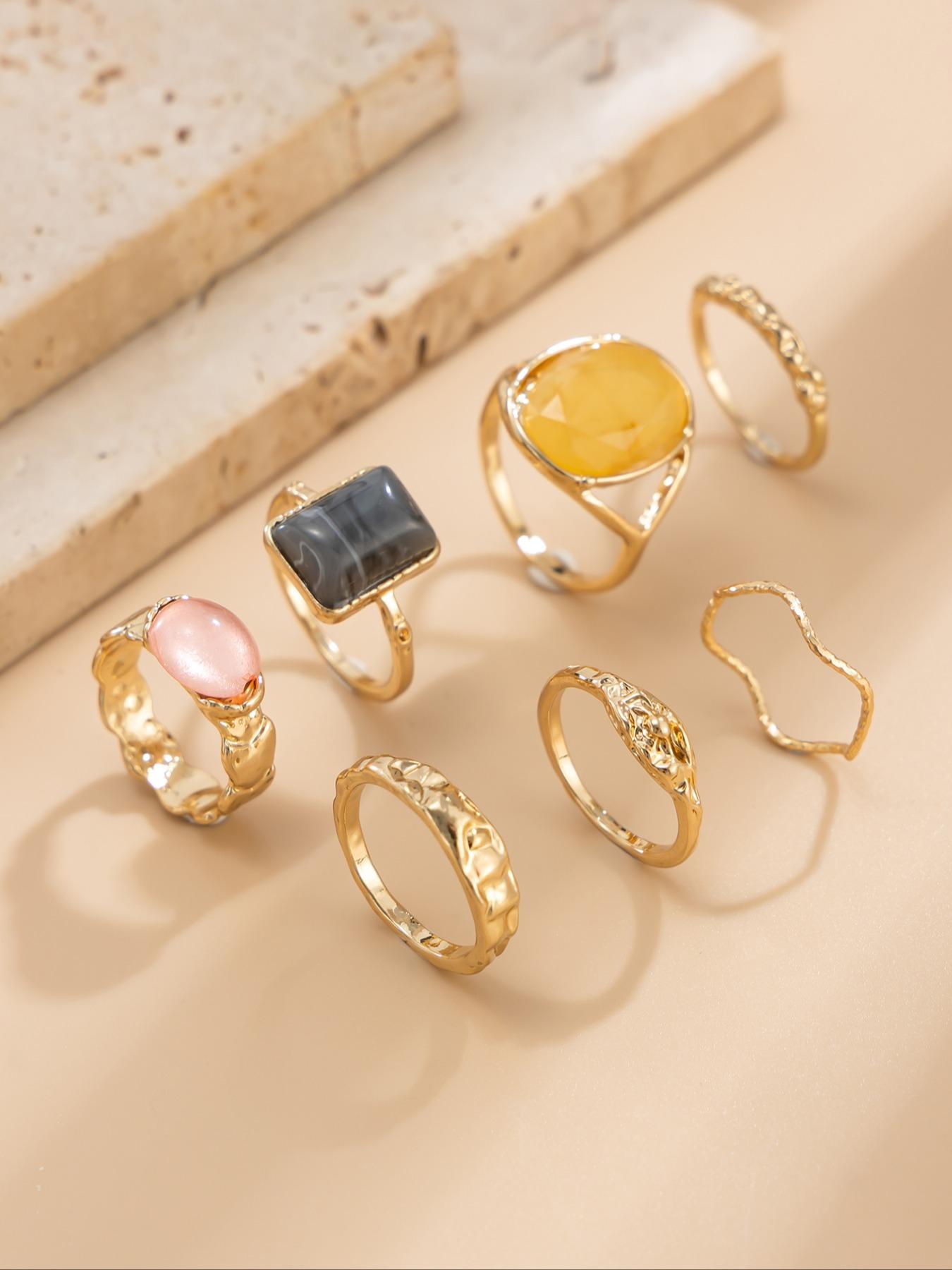 Boho Style Glass Gemstone Set, Vintage Multi-Element Jewelry Collection, Perfect Gift for Women, All Season Wear, Boho Style Rings