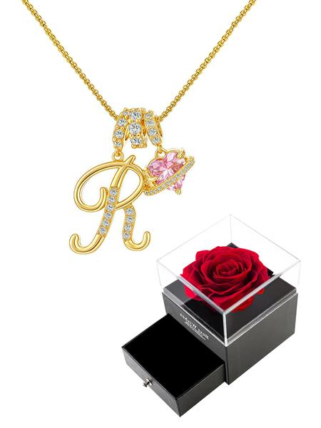 Initial Letter Heart CZ Birthstone Necklace With Rose Jewelry Gift Box, 18K Gold Plated Alphabet Pendant Necklace for Women, Birthday Christmas Jewelry Gift for Women Girl Wife Daughter Love Necklace