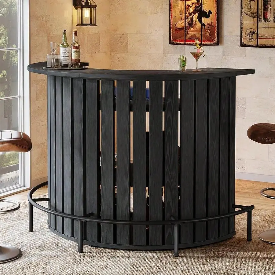 4-Tier Modern Bar Table, 39.4" Wine Bar Cabinet With Footrest,-Shaped Home Bar Unit, Black
