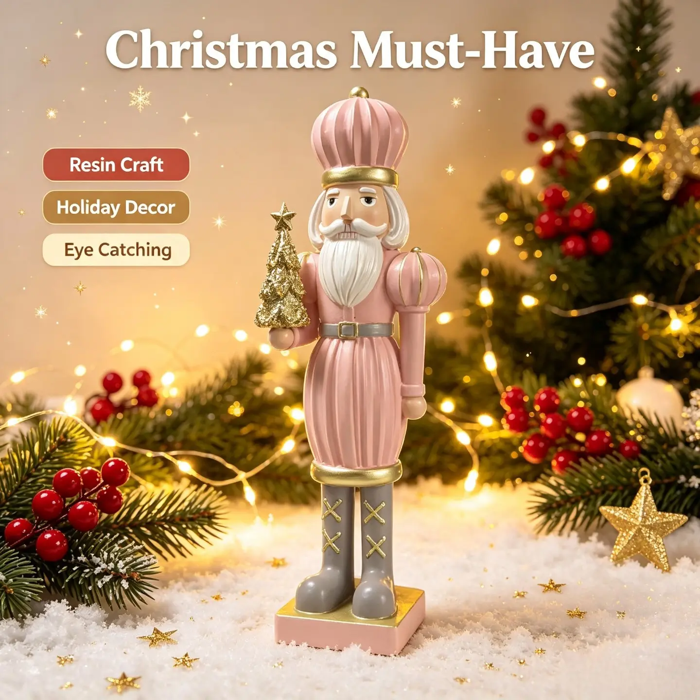 Pink Pastel Nutcracker Resin Figurine Holding Mini Golden Christmas Tree Retro Golden Trim Nutcracker Soldier Statue Xmas Fireplace Mantel Tabletop Holiday Decor Gift