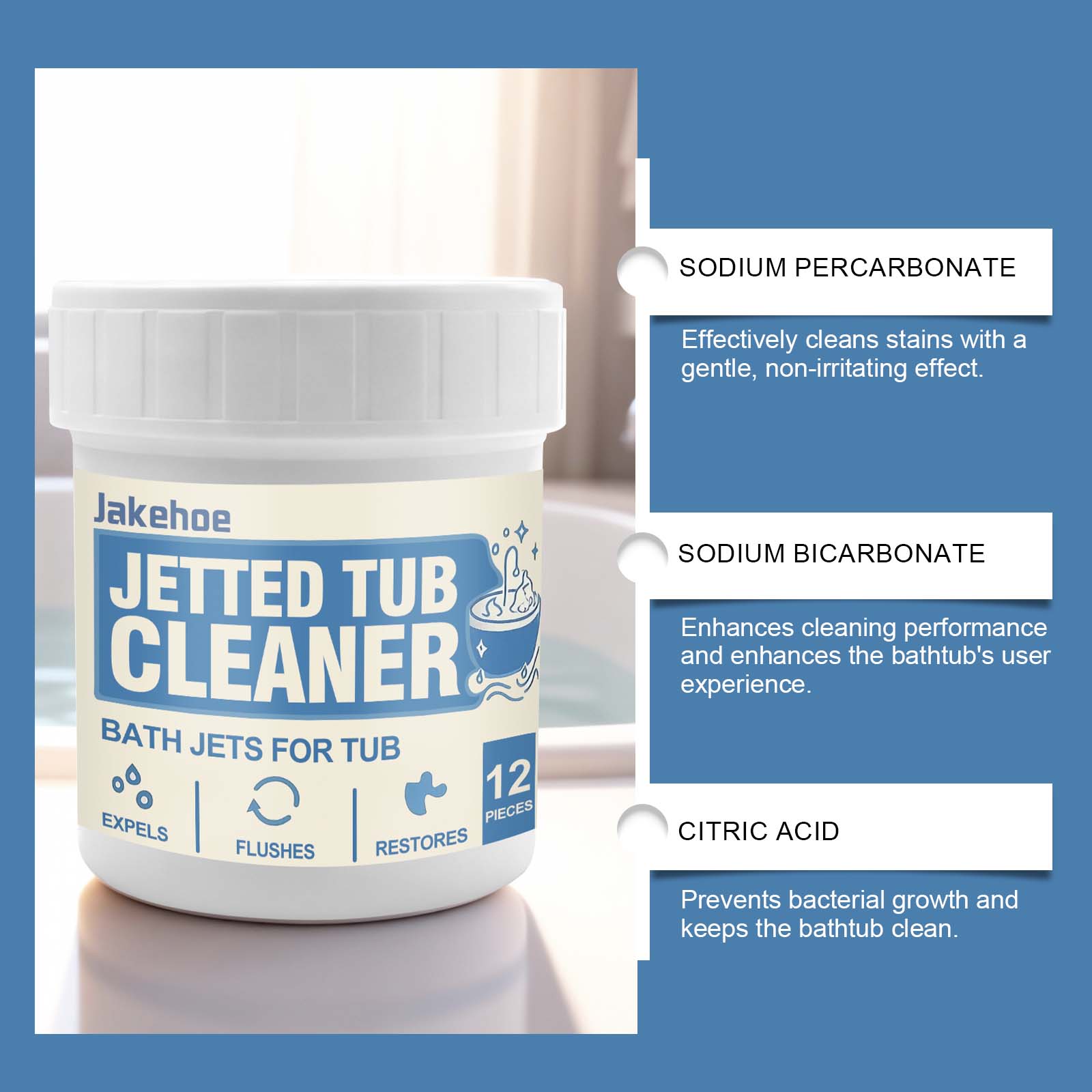 Jakehoe Jetted Bathtub Cleaning Tablets Deeply cleans, removes dirt, and restores a clean, shiny surface, eliminating scale and stains