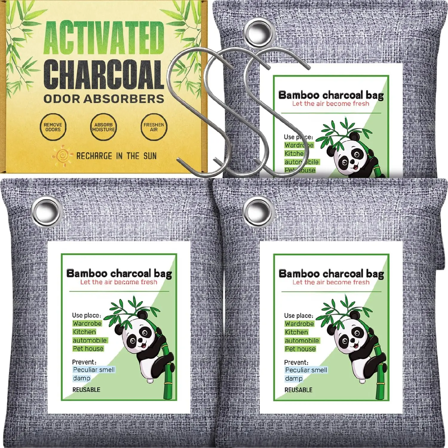 Activated Charcoal Odor Absorber for  Odor, Basement, , Closets, Shoes, . 3 Pack  Charcoal Air Purifying Bags Deodorizer Odor  for