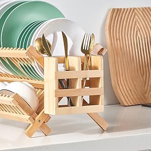 AGS Bamboo Dish Drying Rack, 2 Tier Collapsible Dish Rack with Utensil Holder, Wooden Dish Drying Rack for Kitchen Counter, Large Folding Drying Holder, Dish Drainer 34 pcs Grid