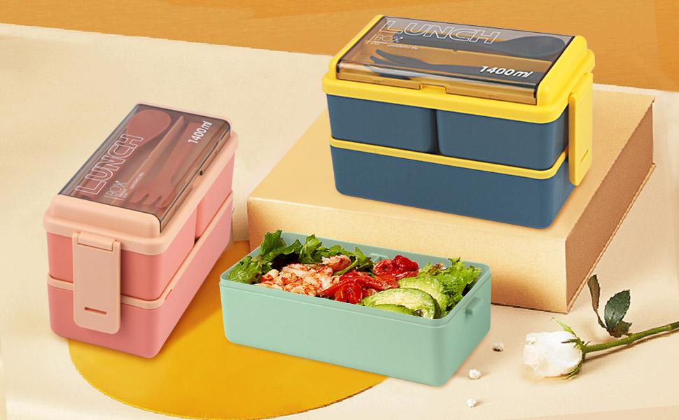 Bento Box Adult Lunchbox 2-Layer Leak-Proof Microwave Safe with Removable Compartments Portable Travel Container for Adults Modern Lid Green Plastic Insulated 1400ml Thanksgiving tableware Value Pack TikTokShopBlackFriday Christmas Gift Set Stock Up