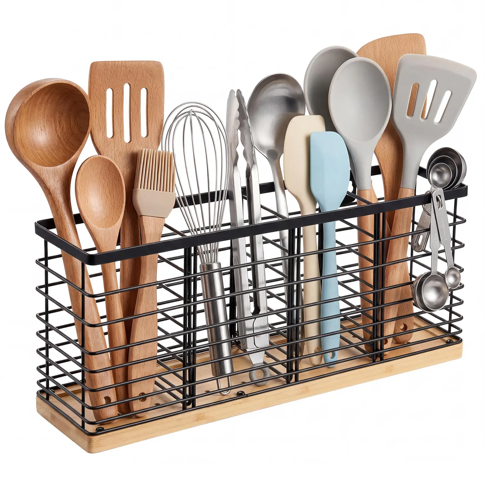 4-Grid Kitchen Utensil Holder - Iron Wire Organizer with Base, Countertop & Wall Mount Cooking Tool Caddy, Large Capacity Storage
