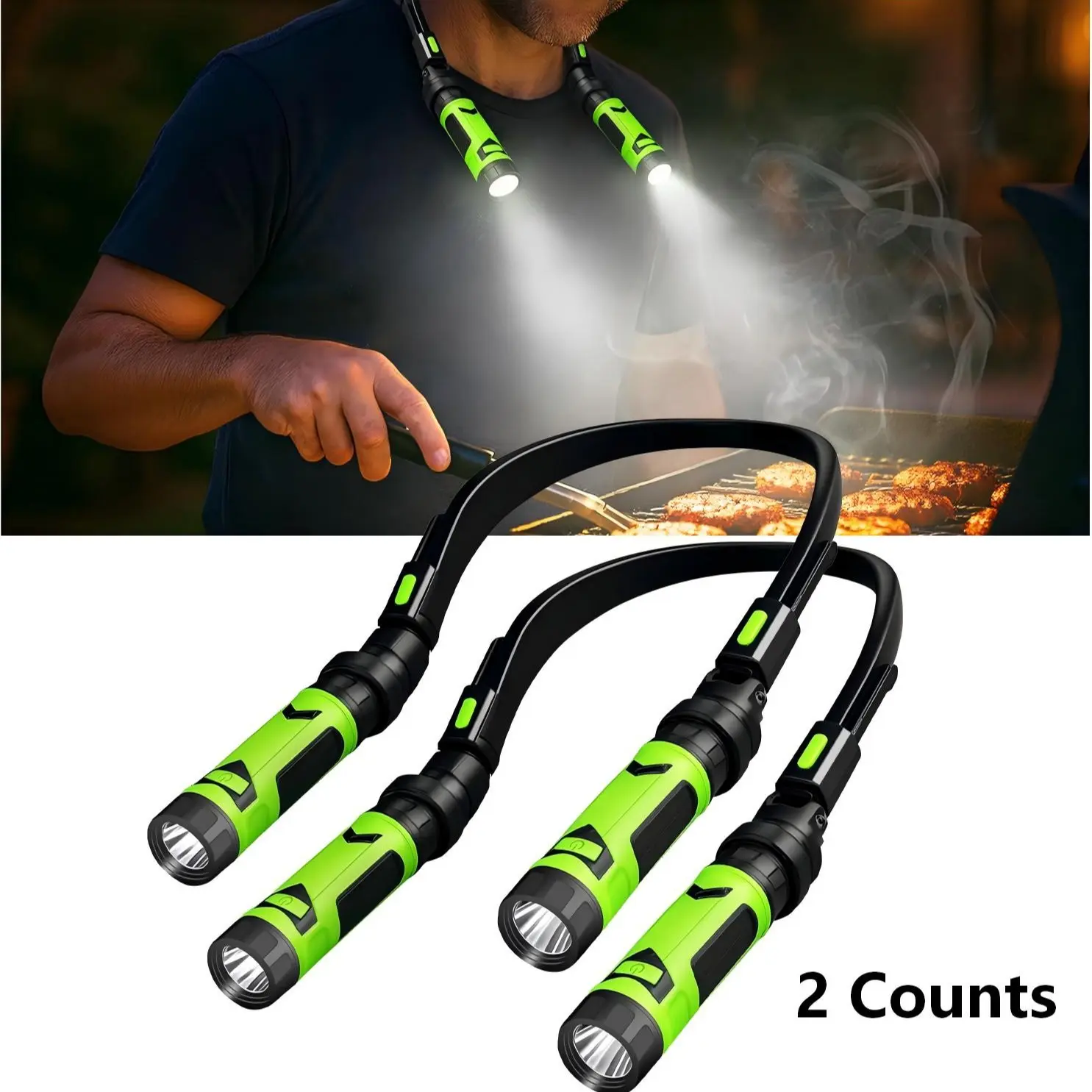 2-Pack LED Neck Lamp, Dual Head Detachable Flashlight, Rechargeable Magnetic Work Light, Night Reading, Outdoor Camping Gear