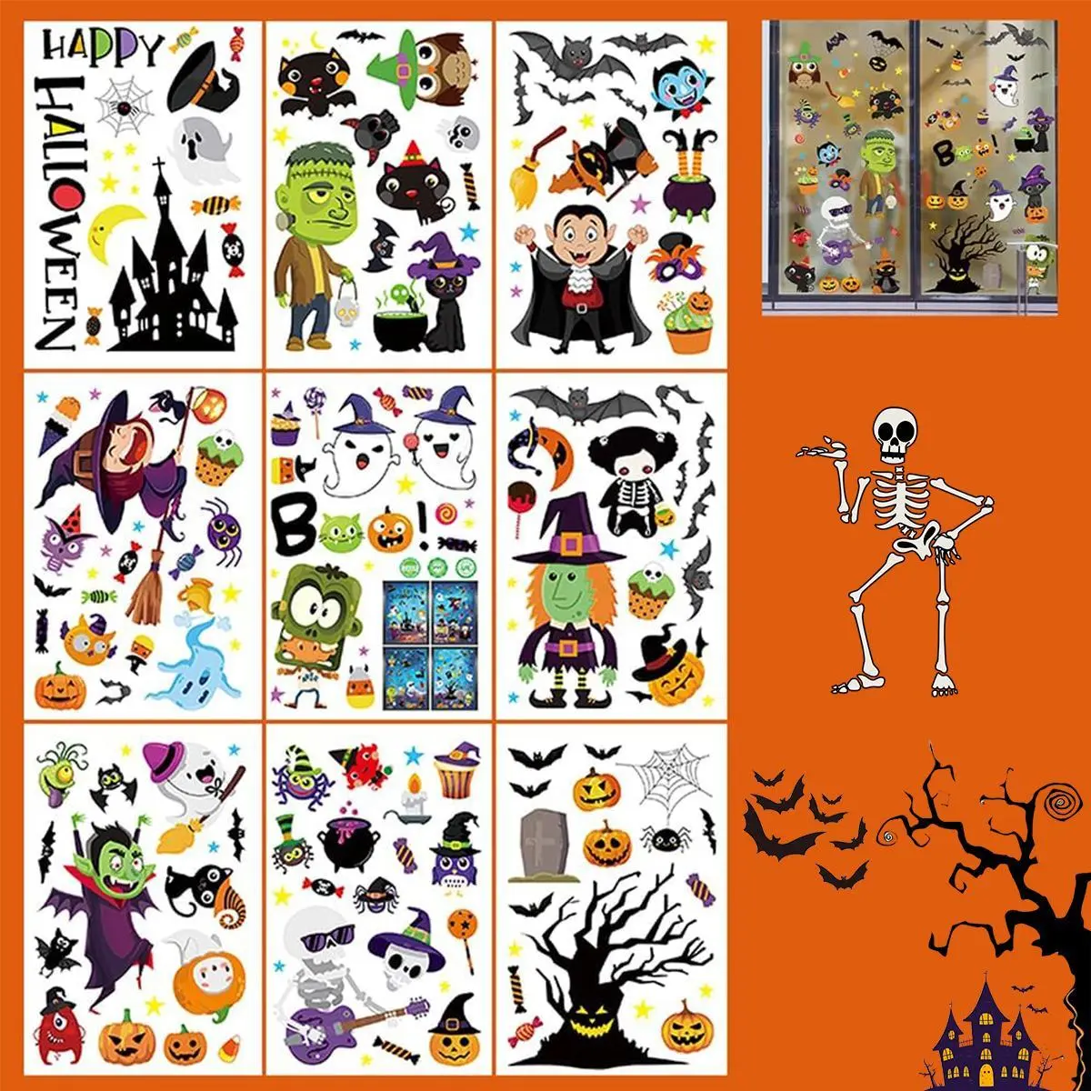 173pcs Halloween Window Decals #W10 - Pumpkin, Ghost, Bat & Classic Elements, Glue-Free Removable, HD Printed, Fade Resistant, Decorative Home Supplies for Home/Party Decor
