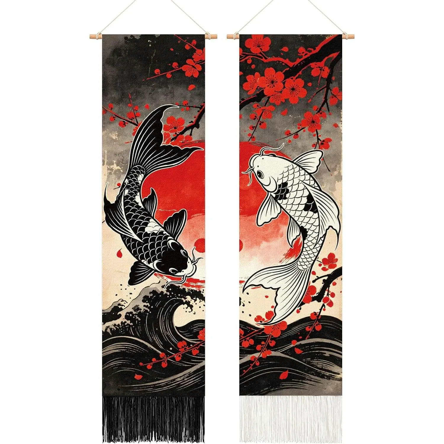 EVERJOYCRAFT 2pcs Lightweight Printed Yin Yang Koi Fish Vertical Tapestry, Japanese Anime Wall Hanging with Tassels, Removable Bedroom Decor for Living Room Home Art - 13" x 45.7", Aesthetic Print