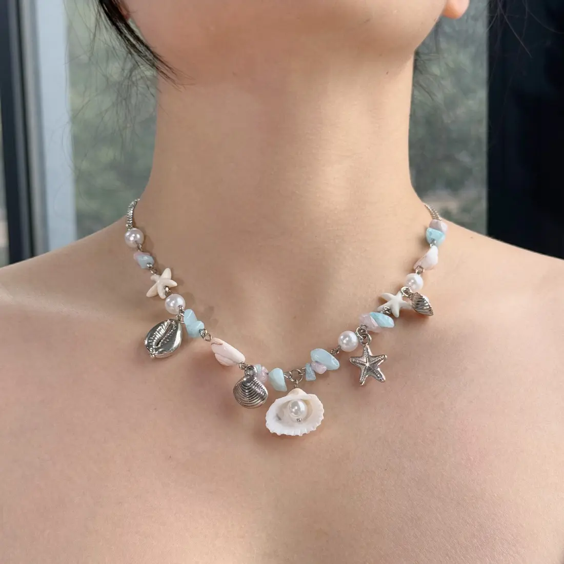 Women's Candy Color Shell Beaded Necklace - Coquette Soft Girl Aesthetic Steel&Plastic Jewelry, Blue Pink Beach Theme Accessory for Casual Daily, Party, Vacation Styling, Lightweight Dainty Summer Piece