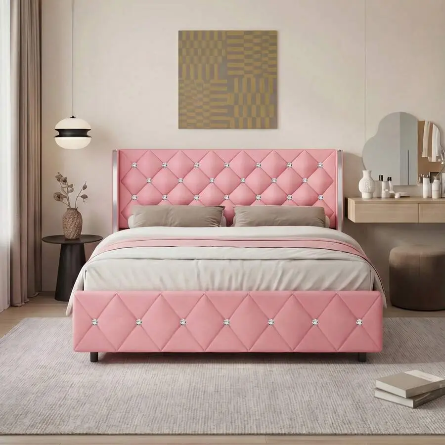 Twin/ Full/ Queen/ King Size Bed Frame, Upholstered Bed Frame With Diamond Headboard And Footboard, No Box Spring Needed With Wood Slat Support, Easy Assembly, Twin Bed Frame/  Full Bed Frame/ King Bed Frame, Black/ Pink/ White/ Purple/ Blue/ Green