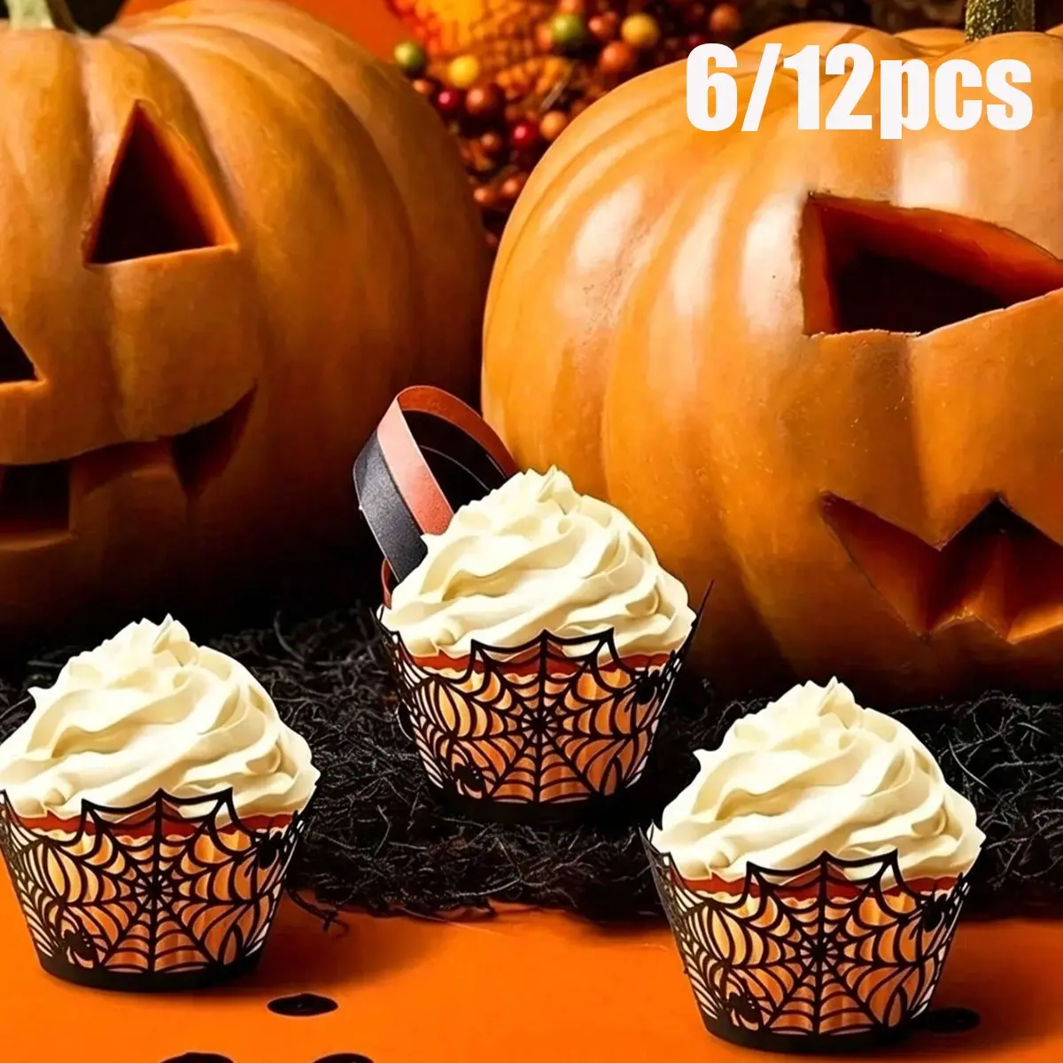 Halloween Party Spider Web Cake Decorations, 6/12 Pcs Hollow Out Design, Perfect for Dessert Table, Cake, Baking, Party Supplies