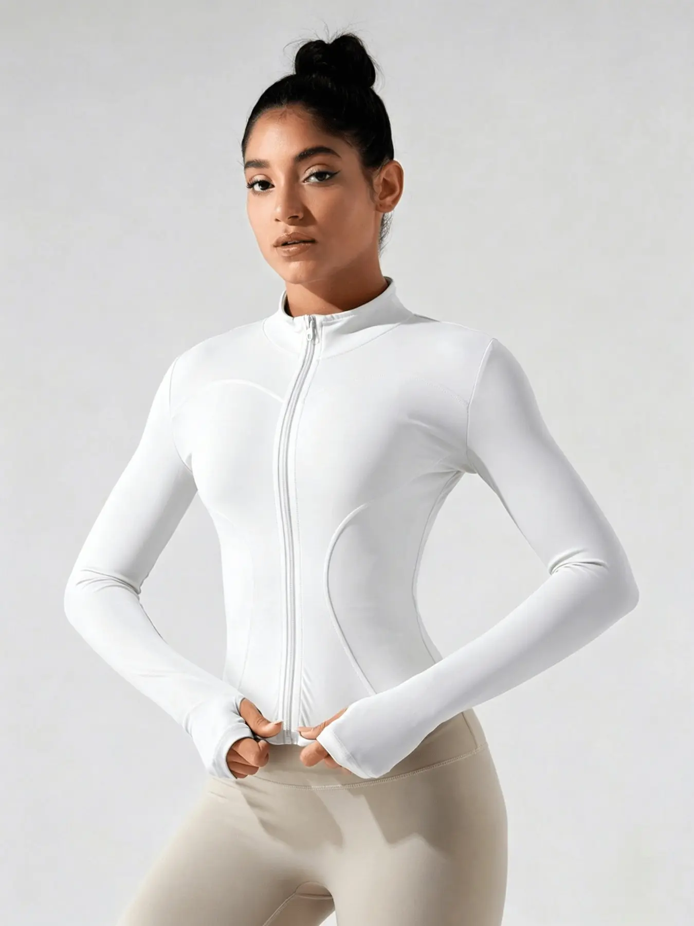Tight-Fit Y2K Sport Jacket, Stand Collar Full Zip Thumb Hole Long Sleeve, Soft Breathable Stretch Workout Top for Women