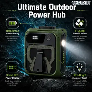 CHDEXIN 3-in-1 Portable Waist Fan with LED Power Display & Flashlight, Hands-Free Personal Neck Fan, USB Rechargeable , High Velocity Airflow for Outdoor Work, Camping & Gardening