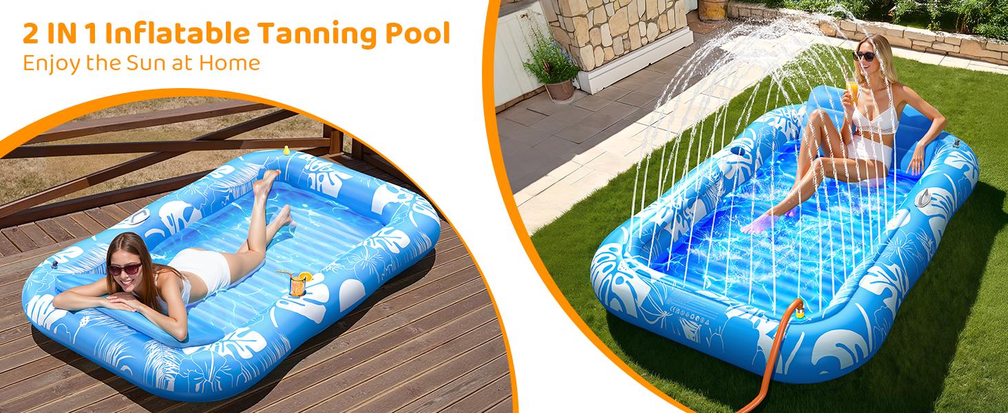 Inflatable Tanning Pool Lounger Float with Sprinkler, 77" x 48" Pool Floats Adult with Pillow, 6 in 1 Suntan Tub Raft Floatie with Drink Holder Sunbathing Water Lounge, kids play, splash pads Inflatable Tanning Pool Lounger Float with Sprinkler, 77" x 48" Pool Floats Adult with Pillow, 6 in 1 Suntan Tub Raft Floatie with Drink Holder Sunbathing Water Lounge, kids play, splash pads