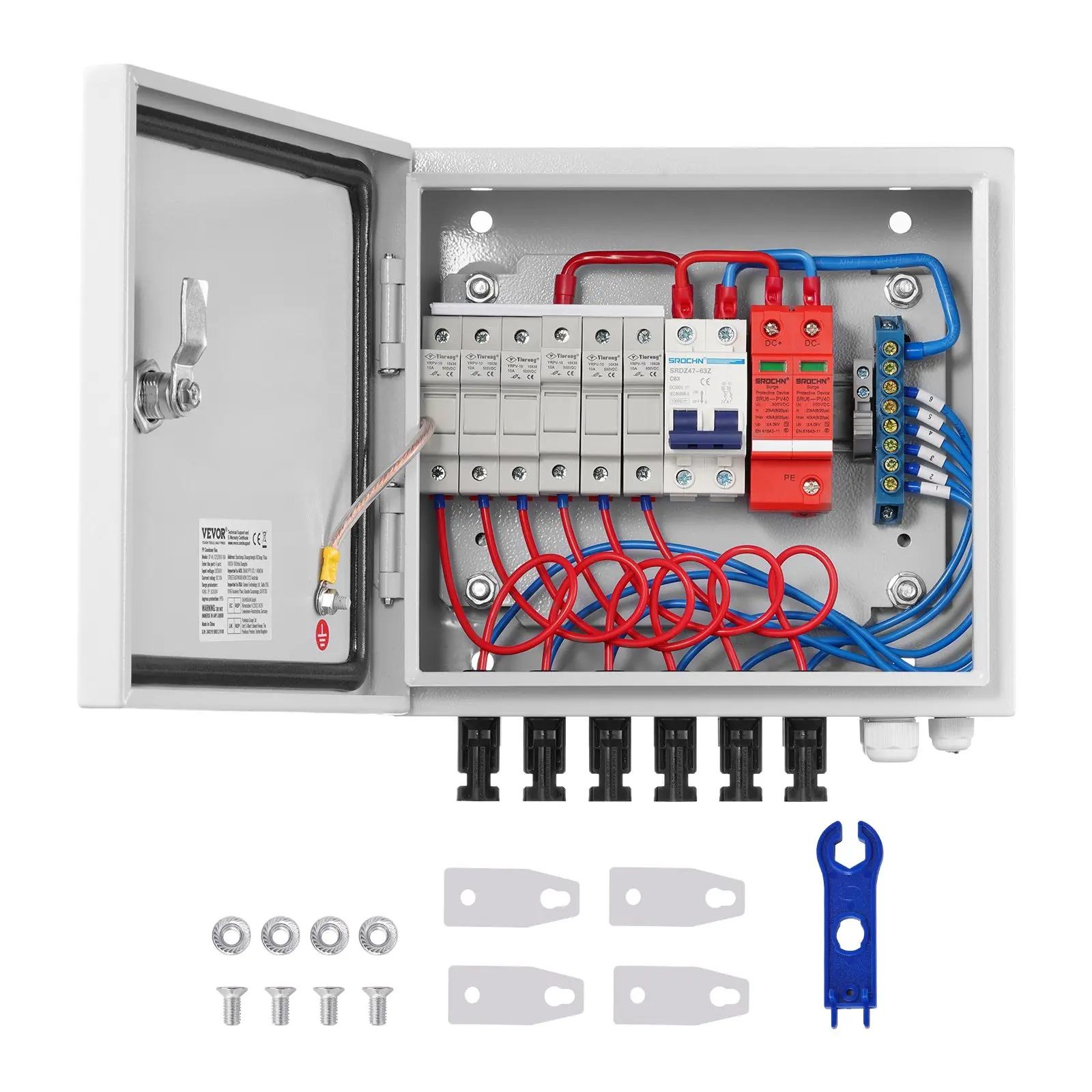 VEVOR PV Combiner Box, 6 String, Solar Combiner Box with 10A Rated Current Fuse 63A Circuit Breaker Lightning Arrester and Solar Connector, Steel Case for On/ Off Grid Solar Panel System, IP65