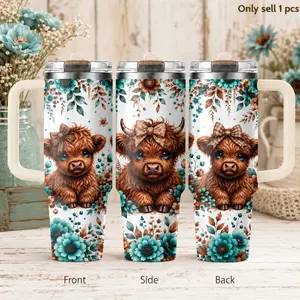 Highland Cow Teal Floral 40oz Tumbler with Handle and Straw Lid, 3rd Gen Stainless Steel Insulated Travel Mug, Leak Proof Water Cup for Coffee, Gym, Office, Car Cup Holder, Cow Lover Gift