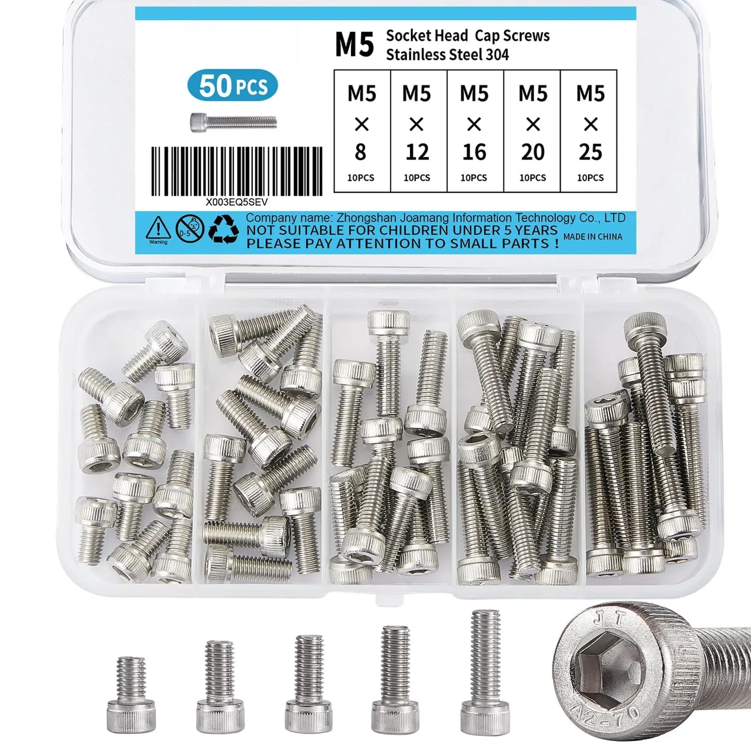 M5 x 20mm 25mm 30mm 35mm 40mm Socket   Screws , Stainless Steel 304, Metric Allen Hex Drive, Bright Finish, Fully Threaded,  Kit 50 count