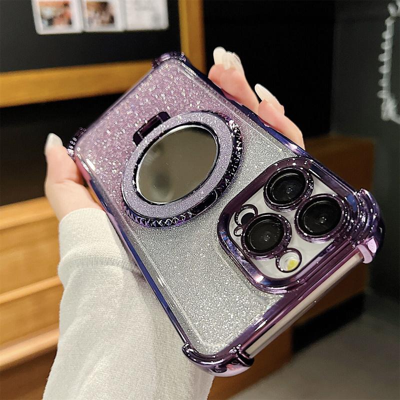 OREKROY Mirror Bling Case Ring Kickstand MagSafe Cover For iPhone 16 Pro Max 15 14 13 12,Anti-fall Shockproof Bling-bling twinkle Phone Cover,Phone Accessories