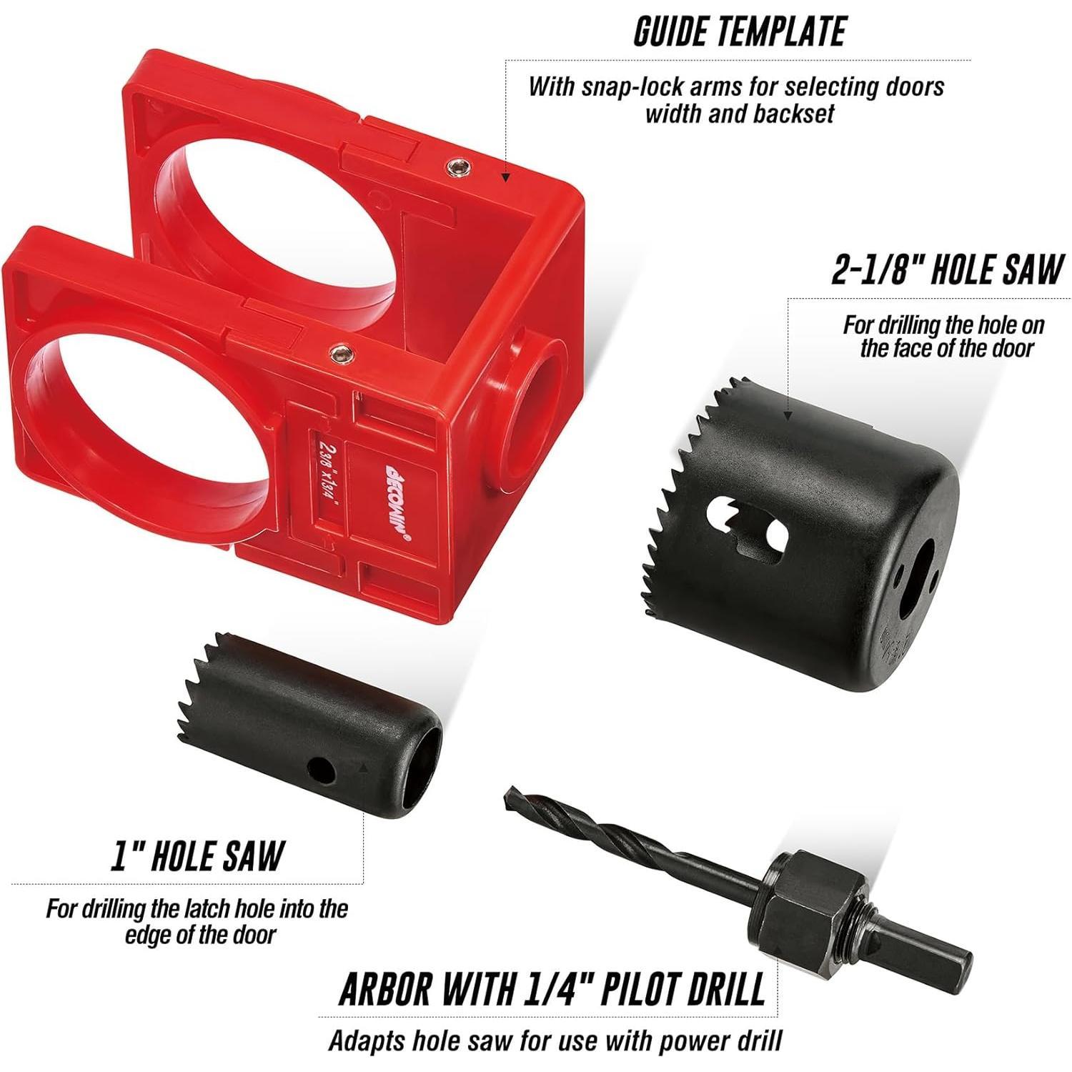 Door Lock Installation Kit: /8" - /4" Deadbolt Door Lock Installation Set with Adjustable Guide Template - Door Lock Hole  Kit ldeal for Wooden Doors Knob Installing, Red