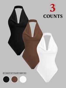women's solid color halter neck bodysuit, casual sleeveless bodysuit for daily wear, ladies clothes for all seasons, womenswear, swim bodysuit