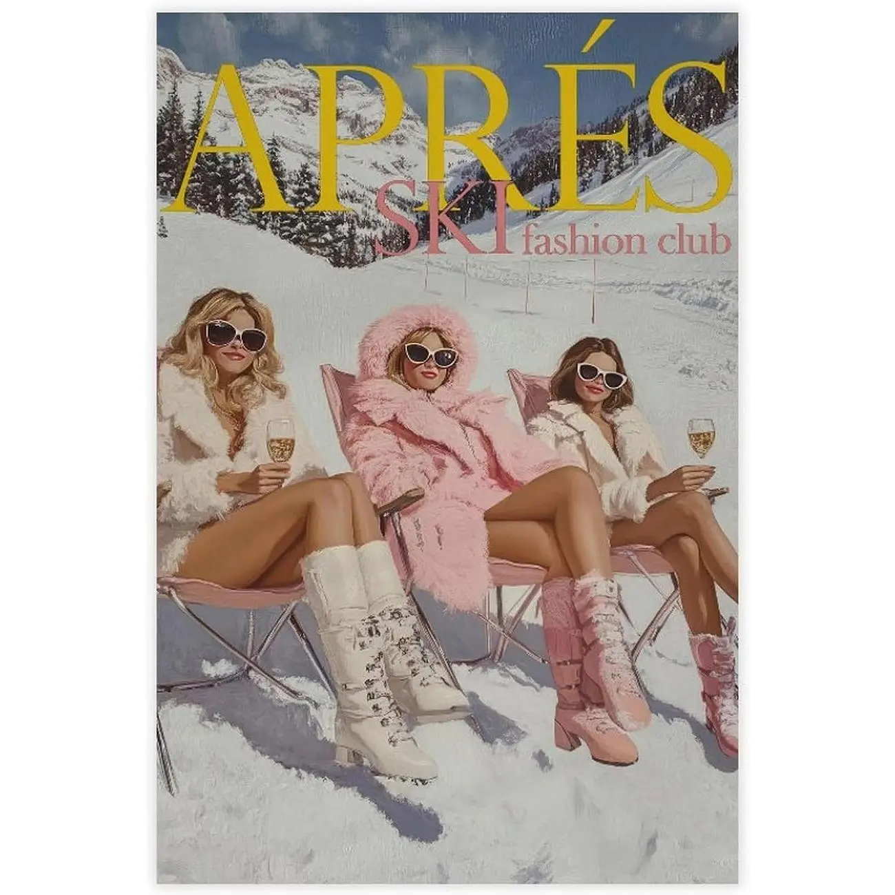 Feminine Apres Ski Graphic Poster Print - Hi-Resolution, Accurate, Chic Vintage Winter Wall Art for Preppy Lodge Decor (Home Decor, Funky Skiing Art)