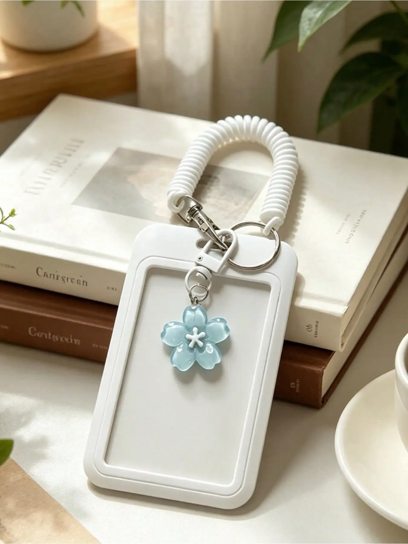 Durable Abs Plastic Card Holder with Slide Cover, Floral Charm, Jelly Sakura Design, Fashionable Women's Accessory, Campus Essential, Keychain